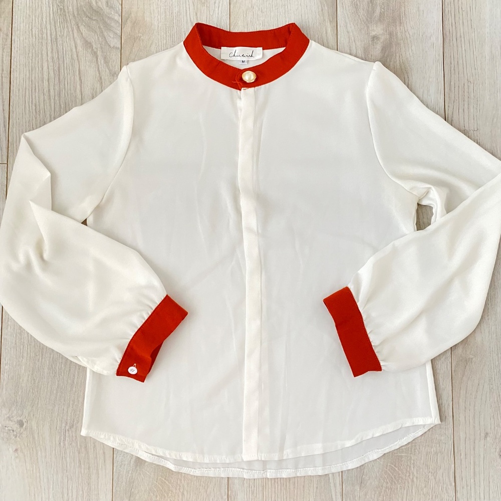 White Blouse With Burnt Orange Collar & Sleeve and Pearl Button